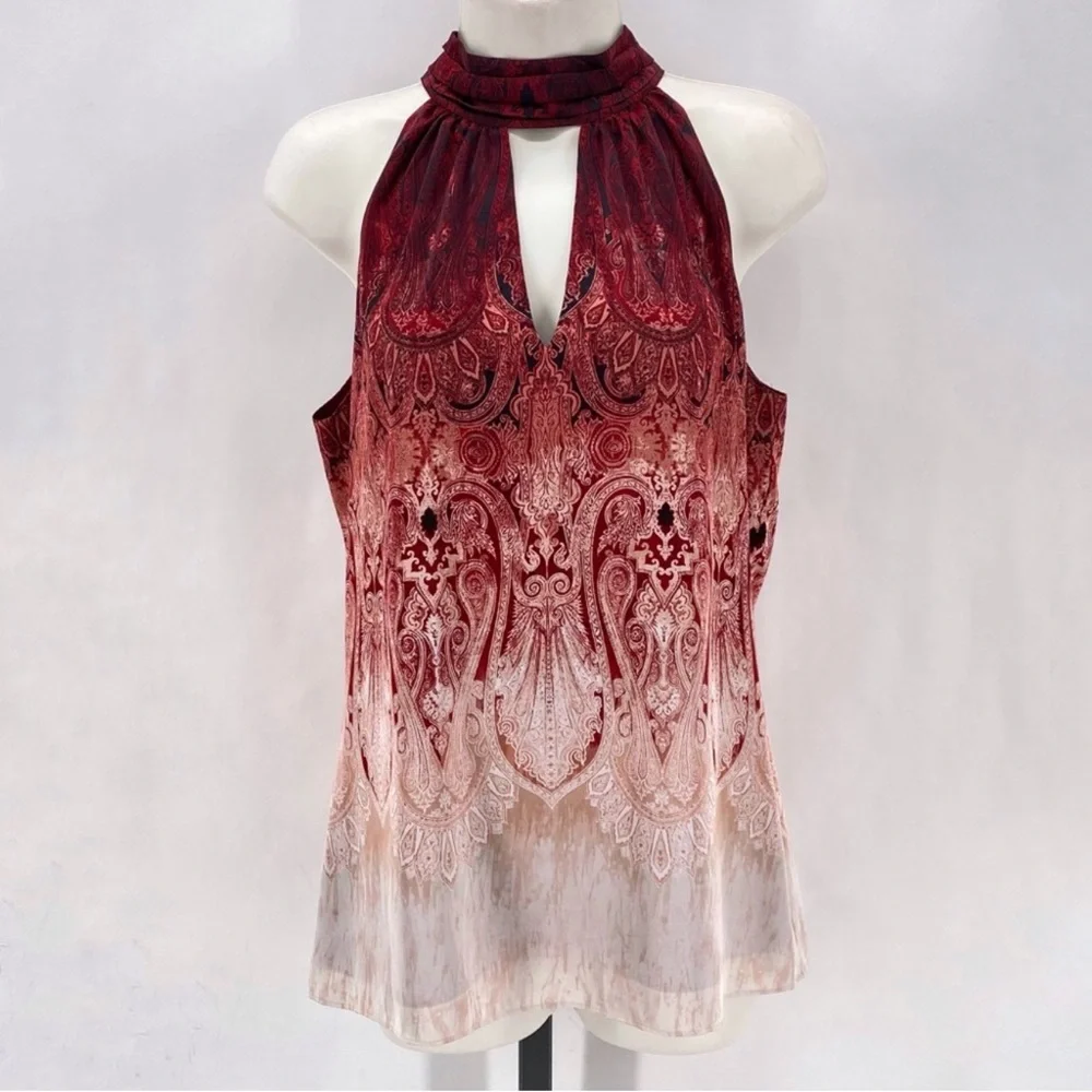 White House Black Market Burgundy and Cream Halter Blouse